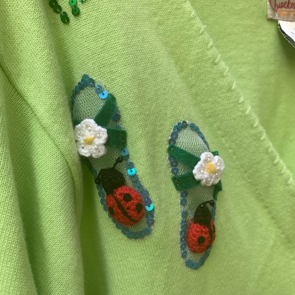 Vintage Quaker Factory long Cardigan 1X green sequence flower butterfly eclectic - Picture 13 of 16